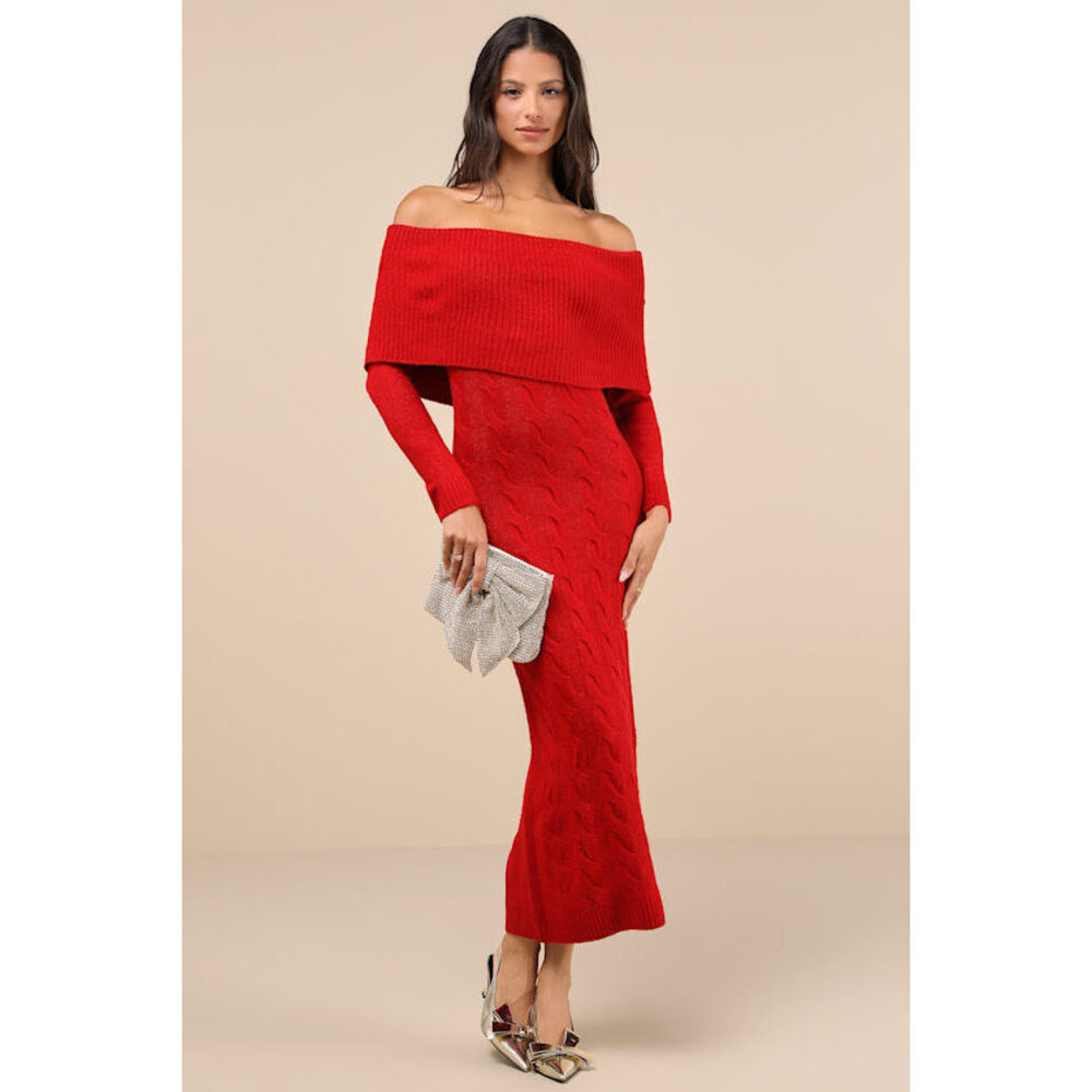 Lulus Cozy Excellence Heather Red Off-the-shoulder Sweater Dress - Size S